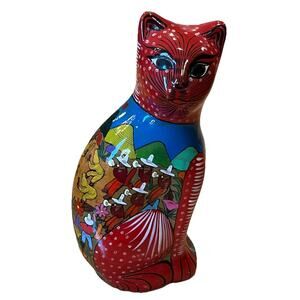 Vintage Cat Figurine Clay Mexican Pottery Folk Art Hand-painted Scenes 13.5”